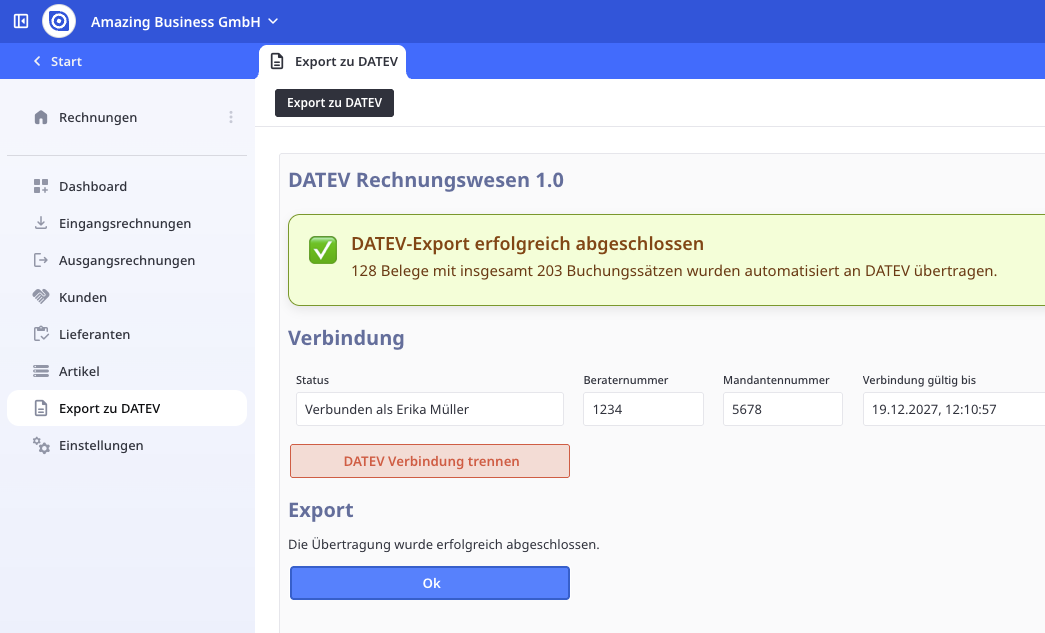 Beispielhafte FiBuLink-Anwendung mit automatisiertem Export nach DATEV